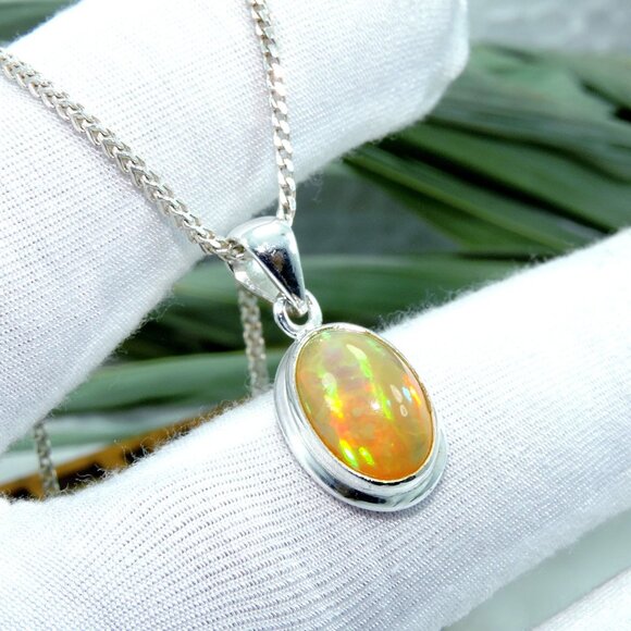 Natural Fire Opal Silver Pendant With Chain, Luxury Silver Handmade Necklace - Picture 1 of 8